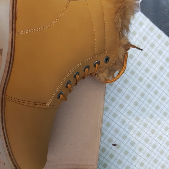 Fur & Shearling Trim Lug Boots Vegan Suede Booties - Picture 3 of 3